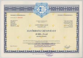 1992. Budapest "Postabank és Takarékpénztár Rt." részvénye 10.000Ft-ról, szelvényekkel és bélyegzéssel (2x) sorszámkövető "038338 - 038339" T:XF