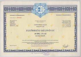1992. Budapest "Postabank és Takarékpénztár Rt." részvénye 10.000Ft-ról, szelvényekkel és ...