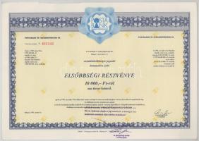 1992. Budapest "Postabank és Takarékpénztár Rt." részvénye 10.000Ft-ról, szelvényekkel és bélyegzéssel (2x) sorszámkövető "038342 - 038343" T:XF