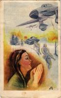 Magyar katonai művészlap: tank, katonai repülő / Hungarian military aircraft art postcard s: Ottó (Rb)