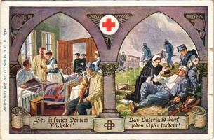 Első világháborús osztrák-magyar katonai művészlap, Vöröskereszt / WWI K.u.k. military art postcard, Red Cross nurses, injured soldiers, Musterschutz Reg. Nr. IV. 2898. s: G. Zindel (szakadások / tears)