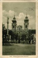 1910 Győr, Széchenyi tér, Bencések temploma, üzlet, Mária-oszlop. Polgár Bertalan könyv és papírkereskerés kiadása (EK)