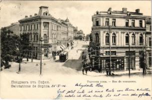 1906 Sofia, Sophia, Sofiya; Rue de commerce / street view, tram, shops (EB)