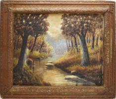 Olvashatatlan (Farkas?) jelzéssel: Erdei patak. Olaj, karton. Dekoratív, sérült fakeretben, 55×68 cm.