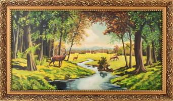 Jelzés nélkül: Vadak az erdőben. Olaj, vászon. 38x72 cm. Dekoratív fakeretben.