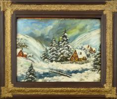 Jelzés nélkül: Havas táj. Olaj, vászon, kissé sérült. Dekoratív, üvegezett fakeretben. 36,5×48 cm.