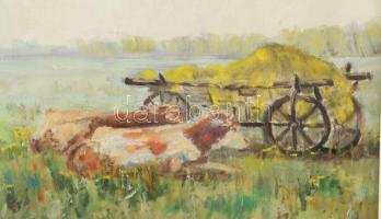 Jelzés nélkül: Szénásszekér tehenekkel. Olaj, farost. Dekoratív fakeretben. 40×50 cm