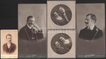 cca 1890-1910 Wágner A. Károly hangszerkereskedő és felesége portréja, 5 db keményhátú fotó, 10,5×6,5 és 20,5×11 cm közötti méretekben