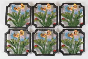 6 darab szecessziós stílusú öntöttvas edényalátét, virág- és bogármintákkal festett, 10,5x10,5 cm, nagyobb alátétté is összerendezhetőek, hibátlan.