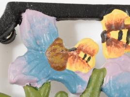 6 darab szecessziós stílusú öntöttvas edényalátét, virág- és bogármintákkal festett, 10,5x10,5 cm, n...