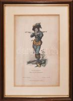 "Scheibenschütze Ende des XVI. Jahrhunderts", Franz Meyerheim, Blätter für Kostümkunde Neue Folge 65. Blatt, Berlin, Franz Lipperheide-ny., papír, színezett fametszet, paszpartuban, üvegezett fakeretben, 26x17 cm, keret: 38x28 cm