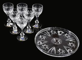 Lausitzer Glass ólomkristály italos pohár szett tálcán, jelzett a poharakon, hibátlan, d: 22 cm, m: 12,5 cm