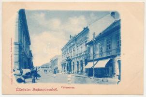 Szászváros, Broos, Orastie; Vásár utca, piac, üzletek. Graef H. kiadása / street view, market, shops (vágott / cut)