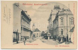 Szatmárnémeti, Szatmár, Satu Mare; Rákóczi utca, Kir. Törvényszék, villamos. Weisz Izsák kiadása / street view, court, tram (EK)