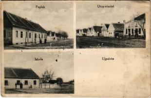 1913 Újpalota, Palota; Paplak, utcakép, iskola. Ifj. Brüche Péter kiadása / rectory, street, school (fl)