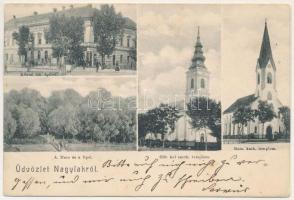 1906 Nagylak, Nadlac; Állami iskola, Görögkeleti szerb ortodox templom, Római katolikus templom, Maros folyó és a liget. Weisz Márk kiadása / school, Orthodox church, Catholic church, Mures riverside and park (fl)