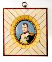 Bonaparte Napóleon kézzel festett portréja, csont rárakásos keretben, 6x5 cm, 12x11,5 cm