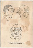 1940 Magyarok ezek? Gúnyos antiszemita propaganda lap. Felelős kiadó nagykálnai Levatich László, Held János könyvnyomdája. A levél feladója maga a kiadó, nagykálnai Levatich László magánzó, bérházjövedelemből tartotta fenn magát. Antiszemita és antibolsevista nyomtatványait elsősorban a Held nyomdában adta ki. / Anti-Semitic propaganda card, Judaica mocking art postcard. Letter of the Antisemitic publisher (fl)