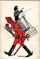 1914 Üdvözlet a Vörös Ördög Mikulástól! Klein H. kiadása / Krampus Hussar s: Bernáth (szakadások / tears)