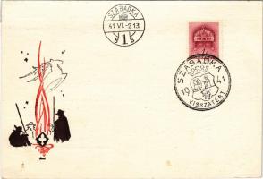 1941 Magyar cserkész művészlap / Hungarian boy scout art postcard s: Bozó + "1941 Szabadka visszatért" So. Stpl. (r)