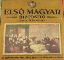 ca 1930 Első Magyar Biztosító rt nagy méretű mechanikus fém asztali naptár. Állítható, festett fém, ...