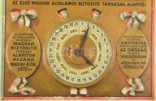ca 1930 Első Magyar Biztosító rt nagy méretű mechanikus fém asztali naptár. Állítható, festett fém, ...