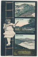 Petrozsény, Petrosani; Kirsia, Luvazényi Zsilpart, Kirsia és Mundra. Steiner R. kiadása, montázs keret akrobata gyerekkel / mountain, riverside, valley. Art Nouveau montage frame with acrobat child