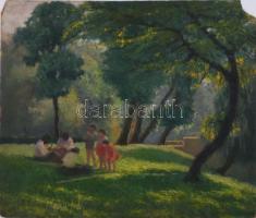 D. Némethy Miklós (1880-?), 2 db mű: Parkrészletek, 1954 és Család gyerekekkel a zöldben. Olaj, karton. Első jelzett. Utóbbi sérült. 34,5x40 cm.