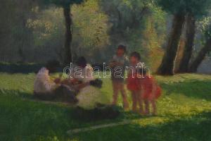 D. Némethy Miklós (1880-?), 2 db mű: Parkrészletek, 1954 és Család gyerekekkel a zöldben. Olaj, kart...
