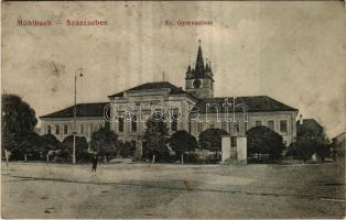 1911 Szászsebes, Mühlbach, Sebesul Sasesc, Sebes; Evangélikus gimnázium és templom. A. Gross kiadása / Ev. Gymnasium / Lutheran grammar school and church (szakadás / tear)