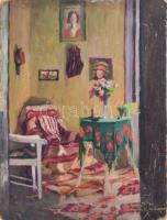 D. Némethy Miklós (1880-?), 2 db mű: Enteriőr festményekkel és Társaság a szabadban. Olaj, karton és akvarell, papír. Első jelzett. Sérült. 39,5x29,5 és 21x27 cm.