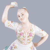 Zsolnay népviseletes táncoló lány. Kézzel festett, jelzett, hibátlan 22,5 cm