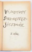 cca 1900-1910 Válogatott sakk-mester játszmák I-II. rész. Kézzel írt sakk játszma-gyűjtemény. A könyv második részre nagyrészt üres, kézzel számozott oldalakkal, 228+2+12 p. Azonosítatlan személy munkája, vagy másolata. Átkötött félvászon-kötés, kissé kopott borítóval.