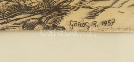 Görög Rezső (1930- ?): Tiszapart. Színes rézkarc, papír, jelzett, üvegezett keretben. 30x55 cm