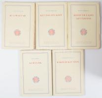 Magyarok Könyvtára, 1-5. kötet (teljes): 1. köt.: Illyés Gyula: Ki a magyar; Szabó Zoltán: Két pogány közt.; Féja Géza: Kurucok.; Ortutay Gyula: Rákóczi két népe.; Erdei Ferenc: Kossuth Lajos azt üzente. (Bp., 1939), MEFHOSZ, 48 p.; 47+1 p.; 46+2 p.; 47+1 p.; 45+1 p. Kiadói papírkötések, sérült kiadói kartontokban, de maguk a füzetek jó állapotban.