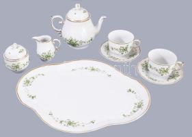 Hollóházi Erika mintás kétszemélyes teás készlet, tálcával. Kézzel festett, jelzett, hibátlan,