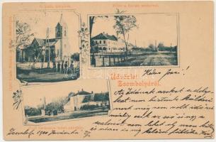 1900 Zsombolya, Hatzfeld, Jimbolia; Római katolikus templom, Fő tér a Flórián szoborral, Gróf Csekonics kastély. Manzin és Ferch kiadása, szecessziós-virágos keret / Catholic church, main square, statue, castle. Art Nouveau, floral frame (EK)