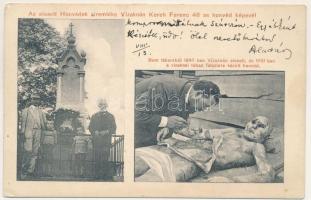 1912 Vízakna, Salzburg, Ocna Sibiului; Az elesett honvédek síremléke Koreh Ferenc 48-as honvéd képével, Bem táborából 1848-ban Vízaknán elesett és 1891-ben a vízaknai tóban felszínre került honvéd holtteste / military heroes monument, the corpse of a soldier, who fell during the Hungarian Revolution of 1848, came to the surface in 1891 (EK)  1890. július 3-án rettenetes felhőszakadás és jégeső érte el Vízaknát. A közeli Ekhó-akna nevű, akkor már rég elhagyatott sóbánya, amelyről az a hír járta, hogy belőle a vízaknai ütközet halálhörgései jönnek vissza. Ezen a napon innen több méter magas folyadékoszlop lövellt ki, amely 56 emberi holttestet emelt a felszínre. A rajtuk látható sebek arra vallottak, hogy az 1849. február 4-én Vízaknánál elesett honvédekről van szó, akik itt leltek örök nyugalomra.  //  On July 3, 1890, a terrible downpour and hail hit Ocna Sibiului. The nearby salt mine called Echo-mine, which had long since been abandoned, was rumored to be emitting the death groans of the Ocna Sibiuluibattle. On that day, a column of liquid several meters high erupted from it, raising 56 human corpses to the surface. The wounds visible on them indicated that they were soldiers who had fallen at Ocna Sibiului on February 4, 1849, and had found eternal rest here.