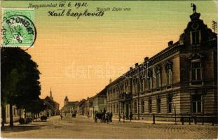 1912 Nagyszombat, Tyrnau, Trnava; Kossuth Lajos utca. Nagyszombati Dohánytőzsde kiadása / street. TCV card (EK)