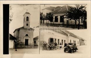 Ipolykiskeszi, Malé Kosihy; Fő utca a római katolikus templommal, Szent Imre római katolikus népiskola, vendéglő, étterem, automobil. Gyetven Nándor kiadása, Foto Brünner / main street, church, school, restaurant, automobile (EK)