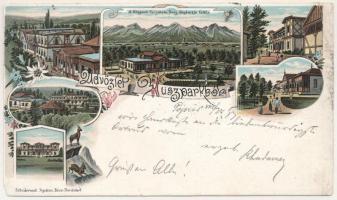 1897 Poprád (Tátra, Tatry); Üdvözlet a Huszparkból, kávéház, szállók és villák, Központi Kárpátok a díszkert felől. Schwidernoch Ágoston műintézete / café, villas, hotels, spa. Art Nouveau, floral, litho (EM)