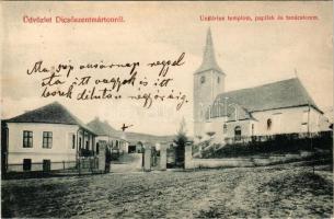Dicsőszentmárton, Tarnaveni, Diciosanmartin; Unitárius templom, paplak és tanácsterem. Dunky Fivérek cs. és kir. udvari fényképészek kiadása / Unitarian church, rectory and office + "SÓVÁRAD - BALÁZSFALVA 266. SZ. A" vasúti mozgóposta bélyegző (kis szakadás / small tear)