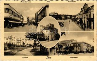 Léva, Levice; Mussolini utca, Kossuth tér, vár, kórház, Városháza / street, square, castle, hospital, town hall