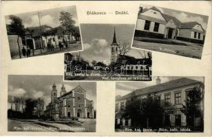 1938 Deáki, Diakovce; Református templom az iskolával, Római katolikus templom és iskola, Kultúrház, utca, üzlet / Calvinist church and school, Catholic church and school, community center, street view, shop + "M. KIR. MOZGÓPOSTA" (gyűrődések / creases)