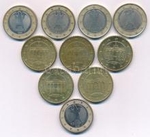 Német Szövetségi Köztársaság 2002. 50c (5xklf verdejel) + 1E (5xklf verdejel) T:AU,XF patina Germany 2002. 50 Cent (5xdiff mintmark) + 1 Euro (5xdiff mintmark) C:AU,XF patina