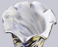 cca 1960 murano anyagában multicolor színezésű kétrétegű tejüveg fodros váza, hibátlan, m: 37 cm