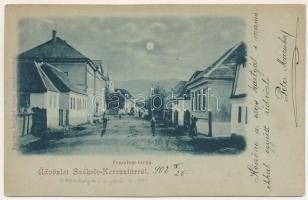 1902 Székelykeresztúr, Kristur, Cristuru Secuiesc; Templom utca este holdfényben. Lengyel László kiadása / street view at night in moonlight + SZÉKELYUDVARHELY - SEGESVÁR 134. SZ." vasúti mozgóposta bélyegző (kis szakadás / small tear)