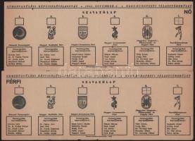 1945 Szavazólap külön férfiak és nők számára a Nemzetgyűlési Képviselő-választásra ismert nevekkel, pl. Rákosi Mátyás, Tildy Zoltán, Szakasits Árpád, stb., 2 db