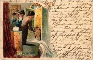 Erotic nude lady art postcard, bathing. Druck u. Verlag Louis Glaser. litho