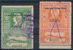 1930 Vízumbélyeg 12+5 P és 10+5 P egyszeri átutazásra 1 és 2 arany pengő kezelési költség felülnyomással, ívszéllel